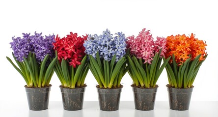 Obraz premium Colorful hyacinth flower arrangements in pots with a clear white backdrop for seasonal decoration