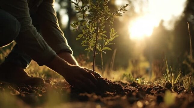 Person planting young tree seedling in sunlit forest during golden hour