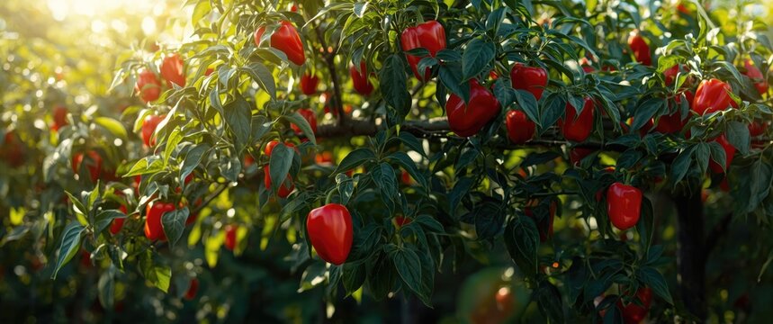 Lush pepper tree displaying clusters of red bell peppers in sunlight