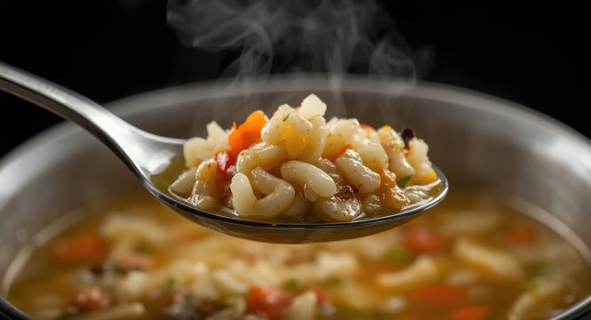 Single serving of canned rice soup displayed on a tablespoon