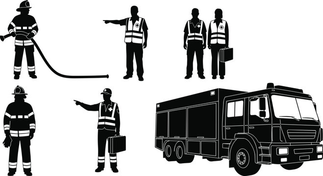 Firefighter silhouette set with fire truck, rescue worker and paramedic figures in safety vests, emergency responder icons for industrial security service design