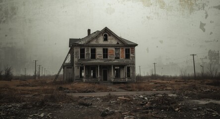 Fototapeta premium Illustrated scene of a weathered house with broken windowpanes and a falling apart roof amidst a bleak environment
