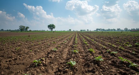 Obraz premium Large-scale Potato Plantation with Plowed Soil and Tranquil Sky