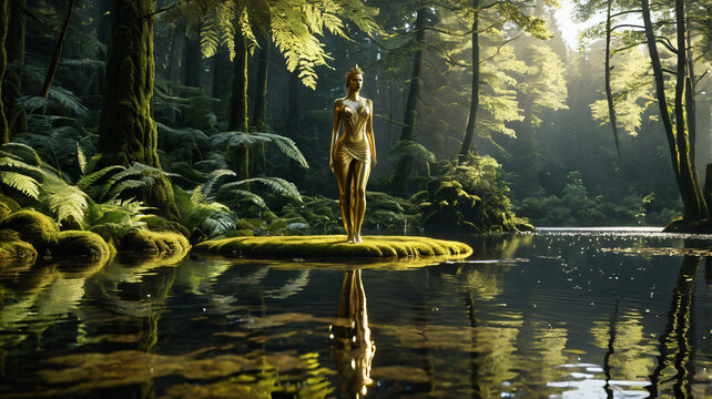 Goldene Frauenstatue am See