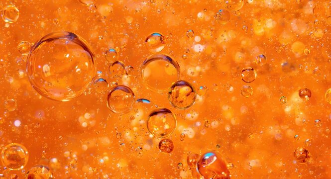 Macro art photography showing vivid orange bubbles suspended in sparkling mineral water