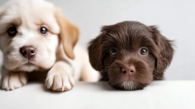Adorable brown and beige havanese puppies resting side by side on an isolated white background, looking at the camera with curiosity and innocence in a charming studio portrait
