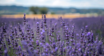 Fototapeta premium Lavender flower stems stretching across countryside landscape