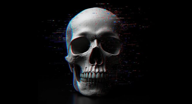 Front skull glitch art with pixel sorting and RGB color distortion on black ground