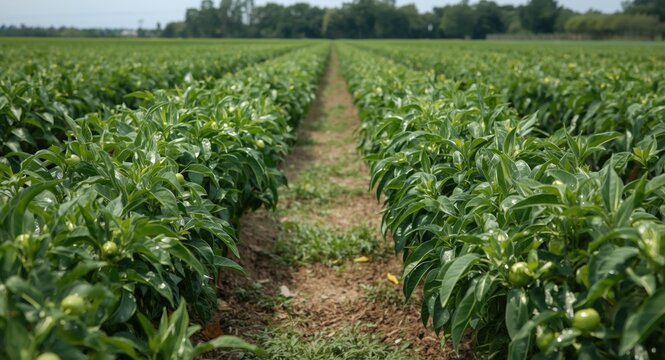 Organic pepper farming featuring leafy green and sweet Capsicum annuum in wide open fields