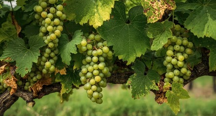 Naklejka premium Lush vineyard grapes showing fresh green clusters and moldy grape leaves