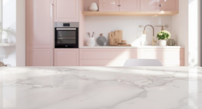 Minimalist pastel pink kitchen decorated with a white marble tabletop and blurred background