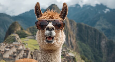 Obraz premium Happy alpaca wearing sunglasses in a vibrant mountain landscape