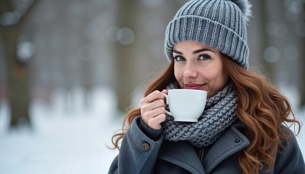 Smiling woman enjoying hot drink in snowy park
