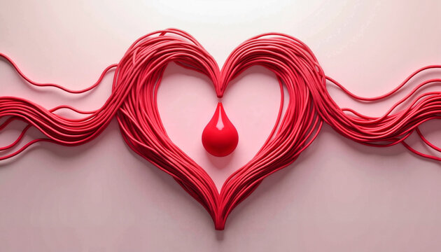 Heart shape made of red cords with a droplet in the center
