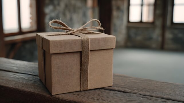 A rustic brown gift box tied with twine sits on a wooden surface in an industrial loft setting