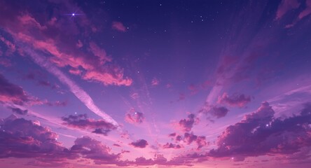 Obraz premium Purple evening sky with cirrus clouds and starry glow rendered in 3D cartoon abstract