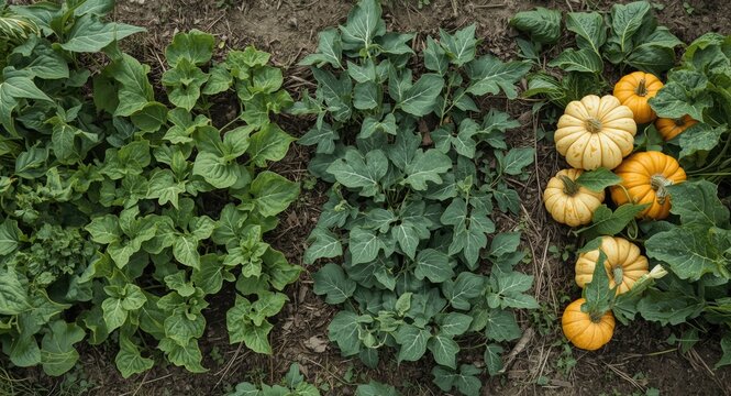 Permaculture vegetable garden with intercropped green beans, corn, and pumpkins arranged for efficient yield