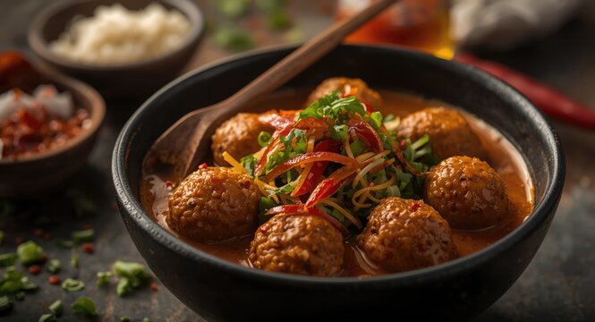 Full serving of bakso with succulent meatballs and spicy toppings