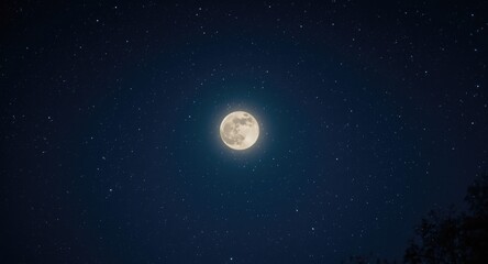 Fototapeta premium Bright full moon dominating a quiet twinkling starry night scene
