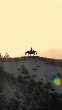 Silhouette of a horsewoman riding a horse on a sandy hill at sunset over pine forest