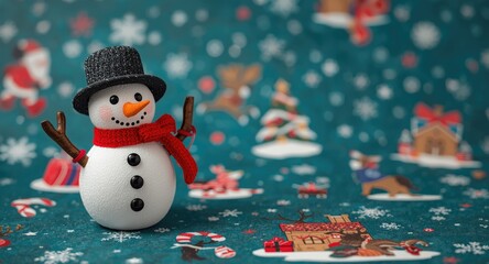 Fototapeta premium Festive toy snowman on a holiday themed background for Christmas greeting card