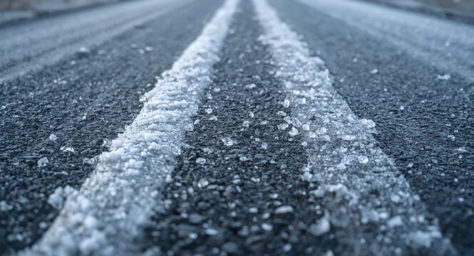 Closeup of frozen road with glazed frost increasing accident risk in winter