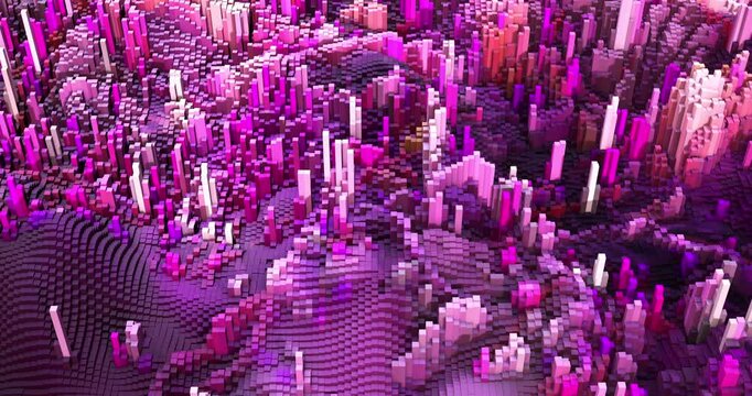 Digital voxel city landscape with slow camera flyover of 3d cubes. Abstract 3D background animation.