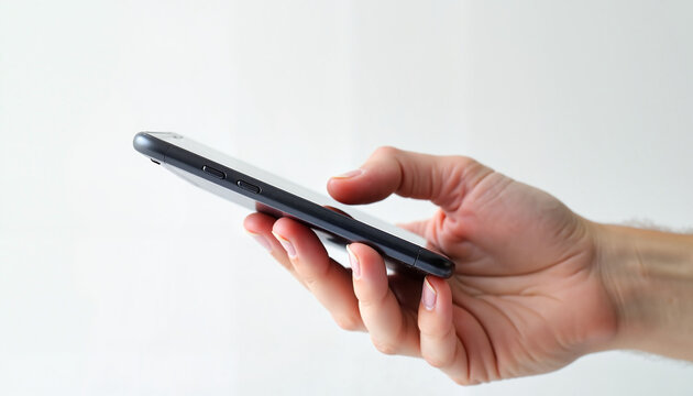 Person holding smartphone in hand against white background
