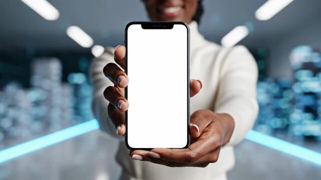 Woman Presents Blank Smartphone Mockup | Modern Tech App Showcase