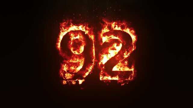 Burning Fire Number 92. Fire Digit Animation. Fiery Number