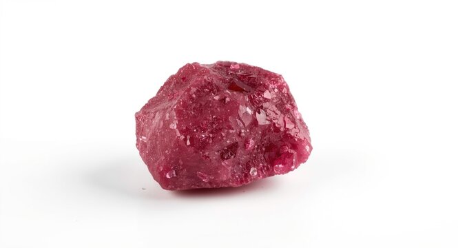 Raw textured ruby mineral placed on white background surface