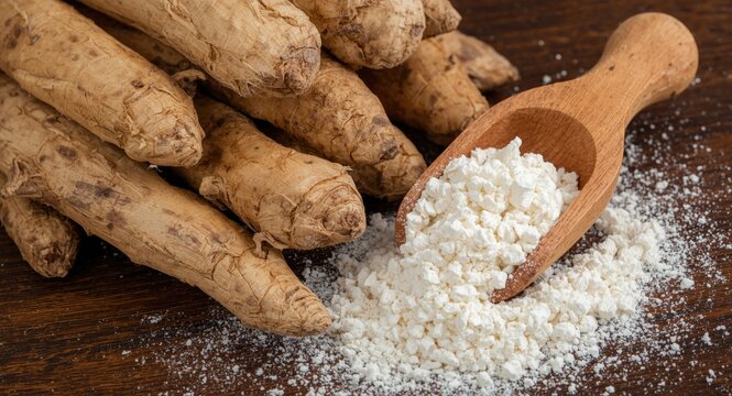 Close view of dried cassava roots accompanied by wooden scoop with powdered tapioca starch