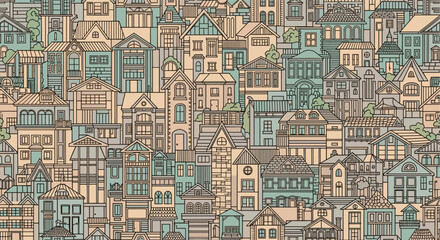Fototapeta premium Detailed seamless pattern of stylized houses and urban buildings in a vintage color palette creates a dense and charming architectural cityscape.