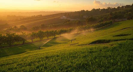 Obraz premium Landscape design with smart garden sprinklers operating automatically beneath turf on orchard slopes at sunset