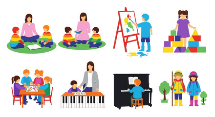 Fototapeta premium Vibrant kids engaging in creative learning activities with teachers