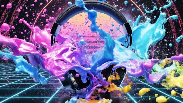 Vibrant Synthwave Beats: Explosive Color Headphone Visualizer