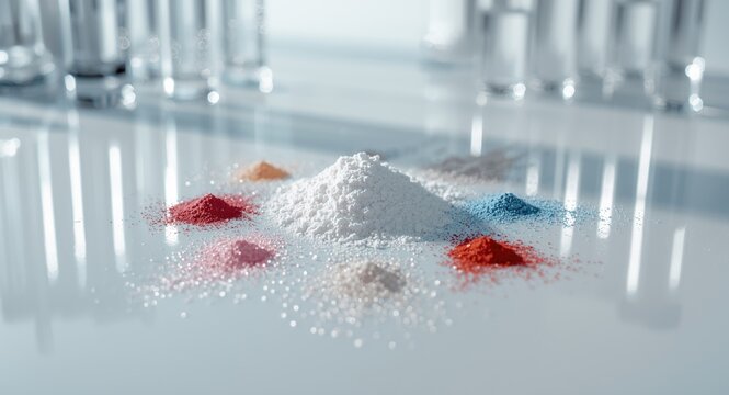 High detail closeup of chemical powders such as zinc powder and cetyl esters wax on a white lab surface with test tubes