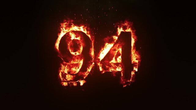 Burning Fire Number 94. Fire Digit Animation. Fiery Number