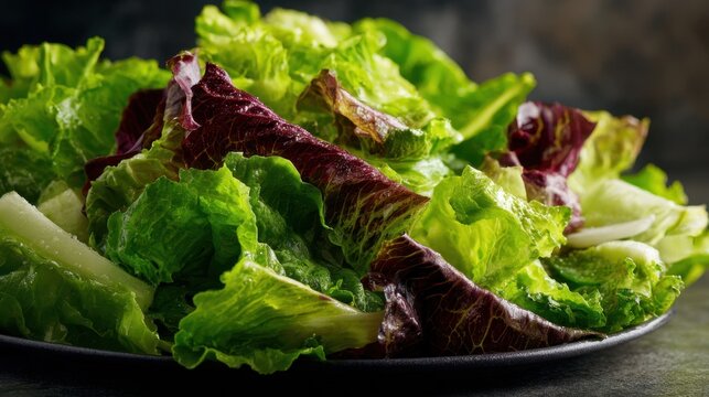 Mixed lettuce leaves piled on plate in dark tabletop setting