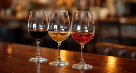Obraz premium Enjoy a delightful wine tasting event featuring rich red, crisp white, and luscious amber varieties in a cozy bar setting