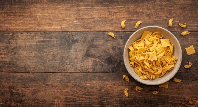 Flat lay image showing raw trofie pasta in a bowl on a scratched wooden table