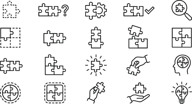 A set of line art puzzle pieces and icons in a vector design concept, representing problem solving and creativity