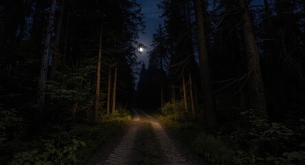 Fototapeta premium calm forest route softly illuminated by night moon