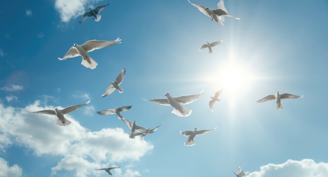 Group of flying doves set against a bright blue sky with gentle clouds and a glowing cross reflection