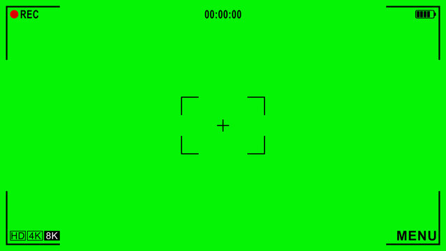 Camera frame viewfinder screen of video recorder, recording video screen, display full hd format, digital display interface. Camera viewfinder, rec icon with information and timing, video green screen