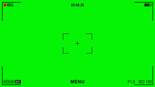 Camera frame viewfinder screen of video recorder, recording video screen, display full hd format, digital display interface. Camera viewfinder, rec icon with information and timing, video green screen