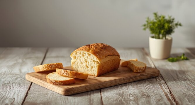 Focused image of a bread loaf with a bite mark and baguette slices laid out for breakfast with copy space