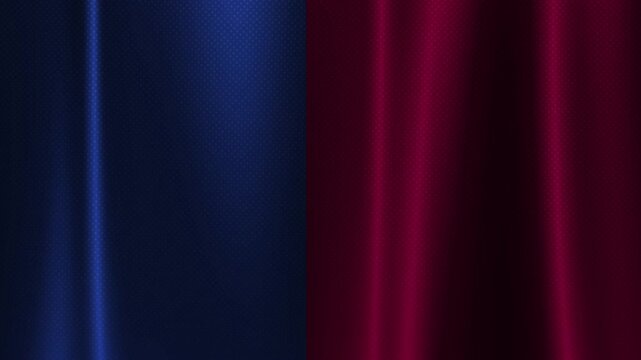 regal royal blue & red medieval banner or flag in fine silk satin cloth textured fabric material gently floating or fluttering 4K animation split into a half and half coloured backdrop wallpaper