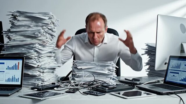 Stressed office worker sitting at a messy desk with piles of documents and many computers, feeling overwhelmed by multitasking and approaching deadlines, eventually collapsing from burnout