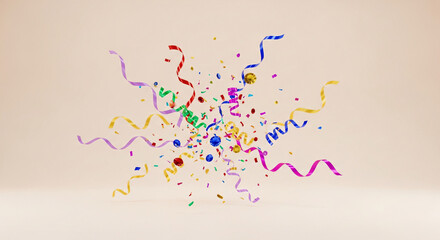 Obraz premium Colorful Confetti Streamers Burst On Beige Background Celebration